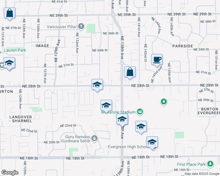 map of restaurants, bars, coffee shops, grocery stores, and more near 13609 Northeast 28th Street in Vancouver