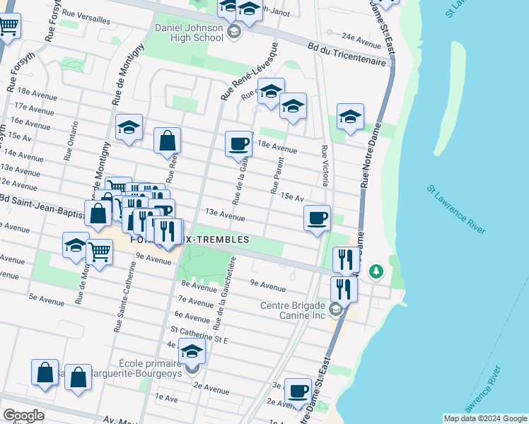 map of restaurants, bars, coffee shops, grocery stores, and more near 12183 Rue Parent in Montrã©Al