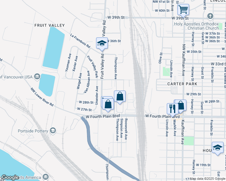 map of restaurants, bars, coffee shops, grocery stores, and more near 2909 Fruit Valley Road in Vancouver