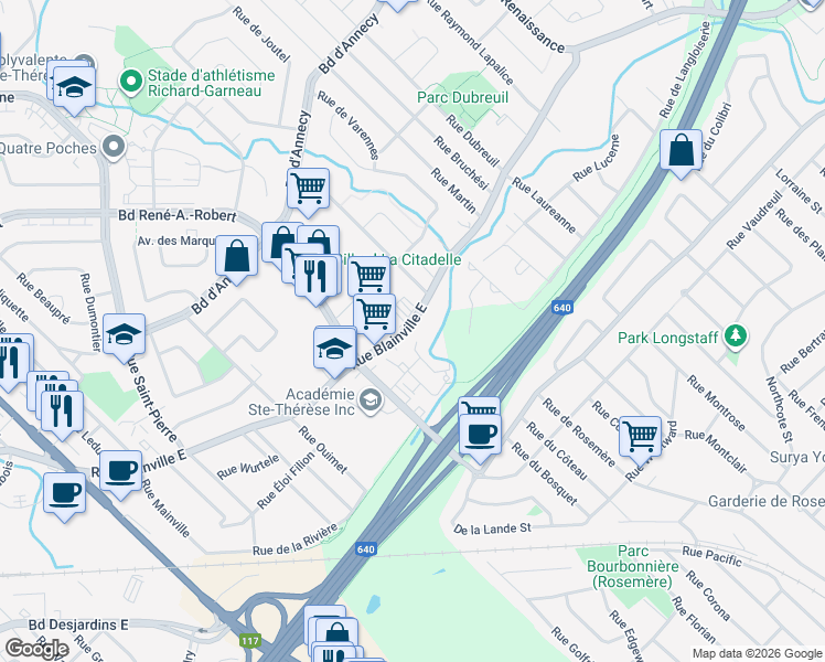 map of restaurants, bars, coffee shops, grocery stores, and more near 475 Rue Blainville Est in Blainville