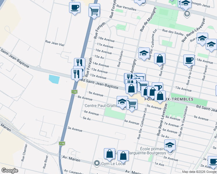 map of restaurants, bars, coffee shops, grocery stores, and more near 13795 Rue Ontario Est in Montréal