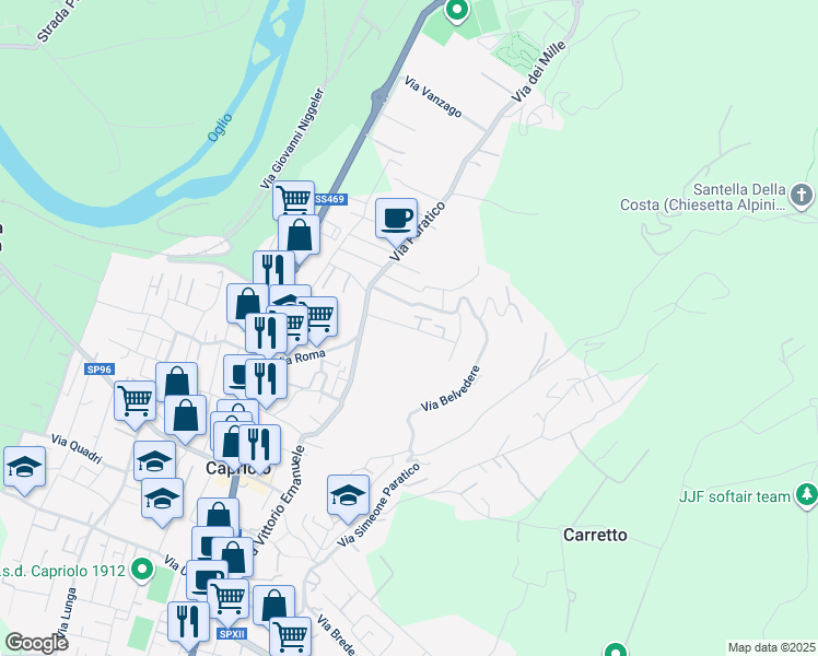 map of restaurants, bars, coffee shops, grocery stores, and more near 14 Via Dante Alighieri in Capriolo