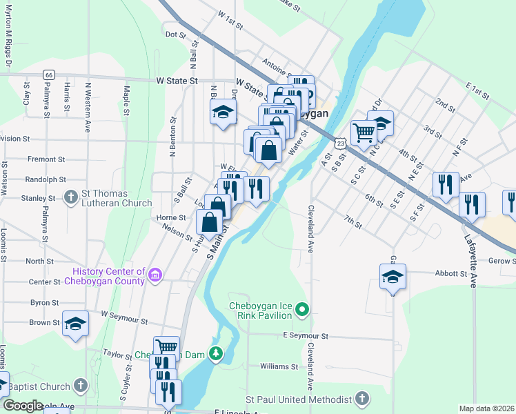 map of restaurants, bars, coffee shops, grocery stores, and more near 124 N Main St in Cheboygan