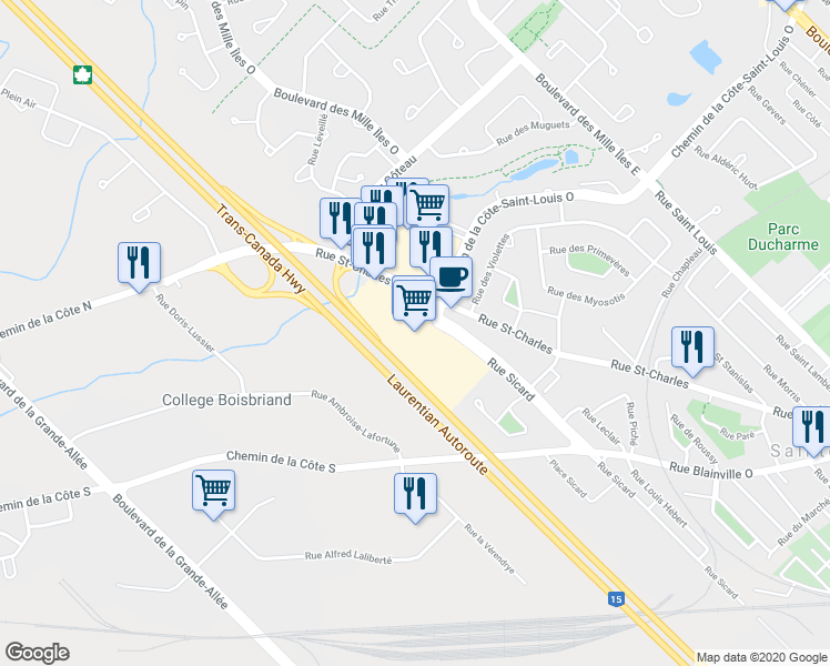 map of restaurants, bars, coffee shops, grocery stores, and more near 300 Rue Sicard in Sainte-Thérèse