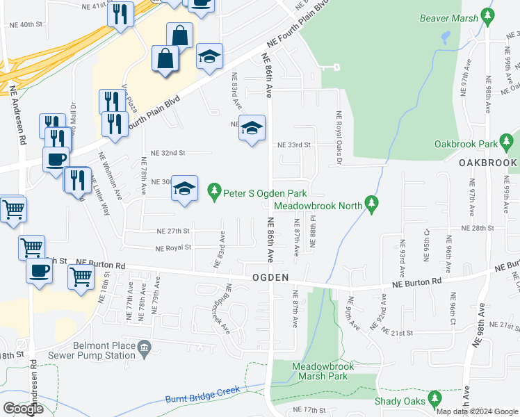 map of restaurants, bars, coffee shops, grocery stores, and more near 2820 Northeast 86th Avenue in Vancouver