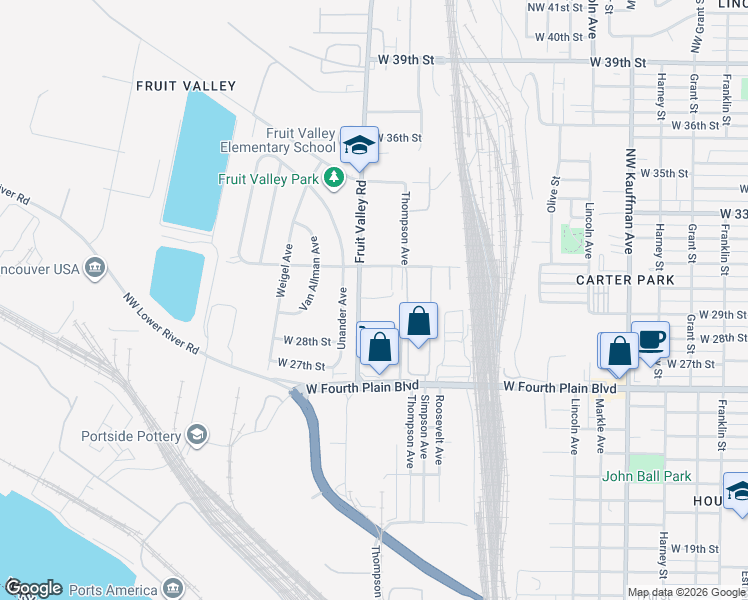 map of restaurants, bars, coffee shops, grocery stores, and more near 3009 Fruit Valley Road in Vancouver