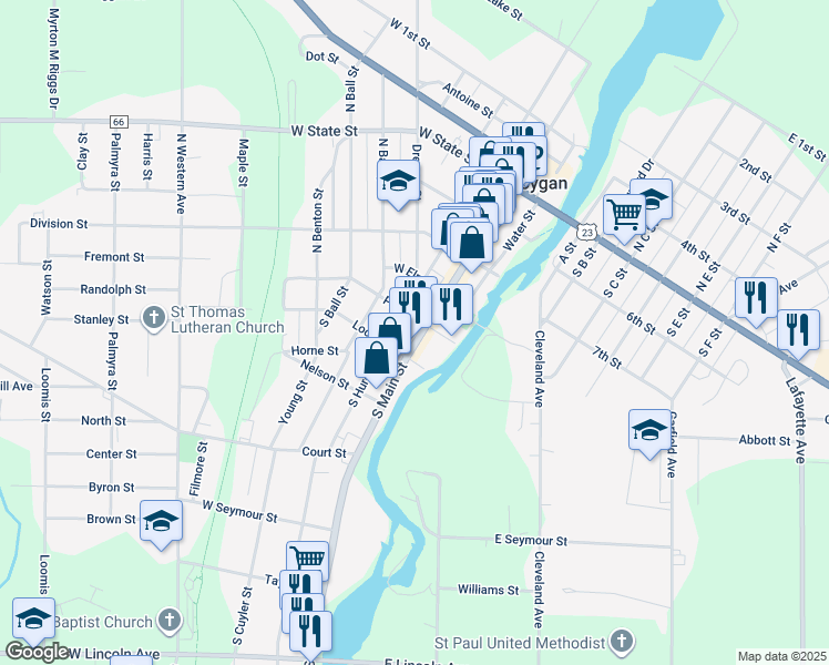 map of restaurants, bars, coffee shops, grocery stores, and more near 118 North Huron Street in Cheboygan