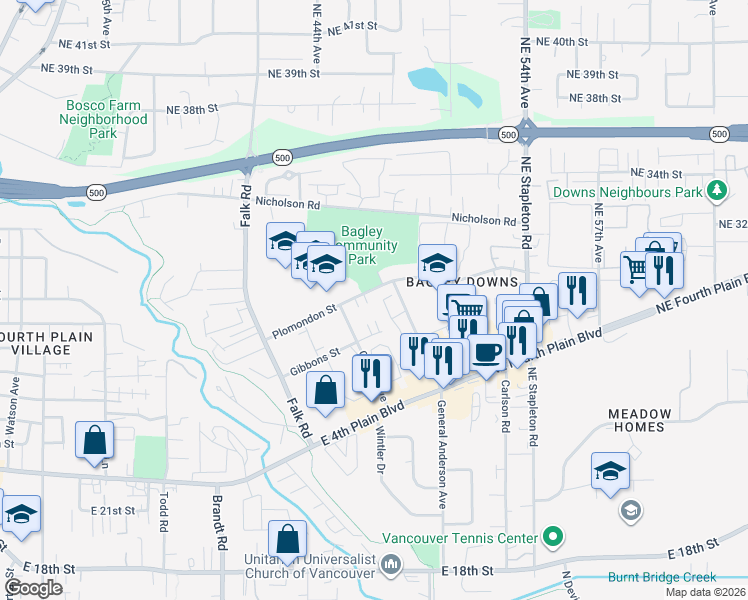 map of restaurants, bars, coffee shops, grocery stores, and more near 4607 Plomondon Street in Vancouver