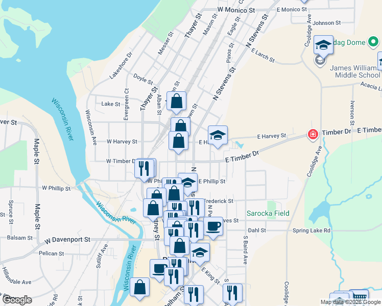 map of restaurants, bars, coffee shops, grocery stores, and more near 436 North Brown Street in Rhinelander