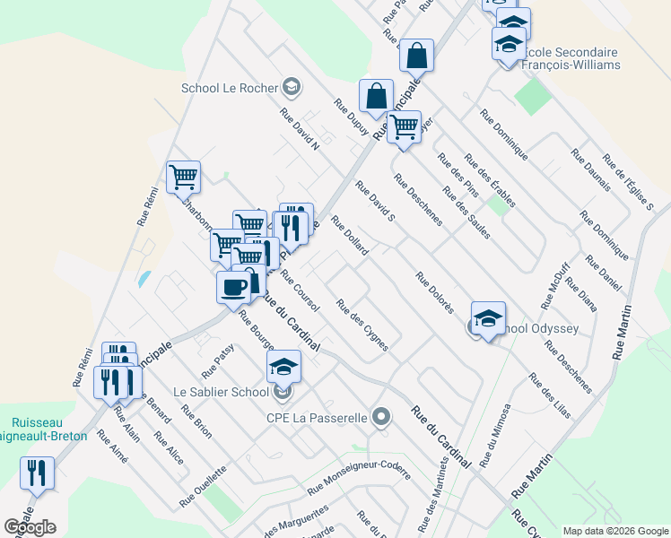 map of restaurants, bars, coffee shops, grocery stores, and more near 621 Rue des Pluviers in Québec