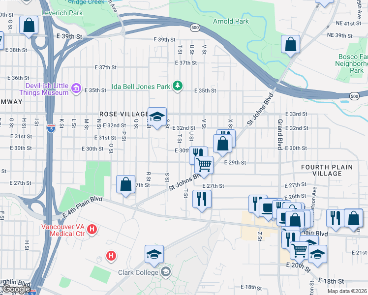 map of restaurants, bars, coffee shops, grocery stores, and more near 3017 T Street in Vancouver