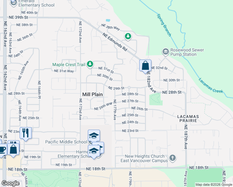 map of restaurants, bars, coffee shops, grocery stores, and more near 17700 Northeast 28th Street in Vancouver