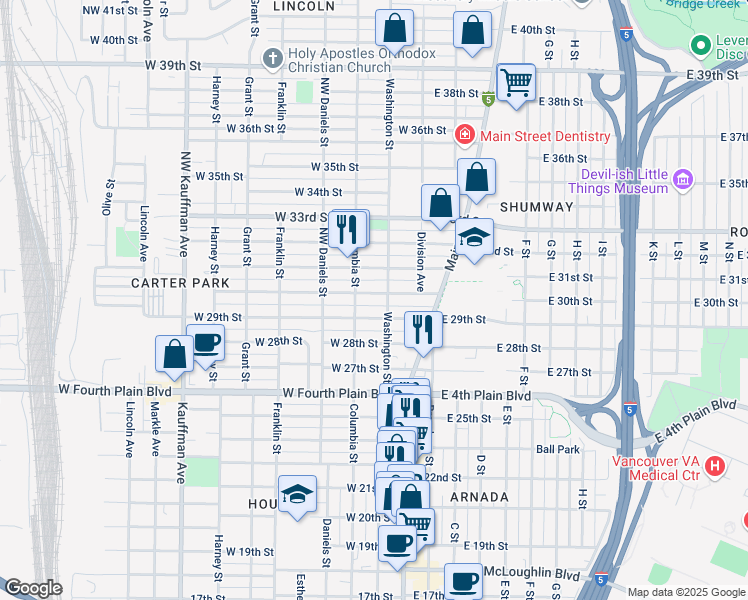 map of restaurants, bars, coffee shops, grocery stores, and more near 212 West 30th Street in Vancouver
