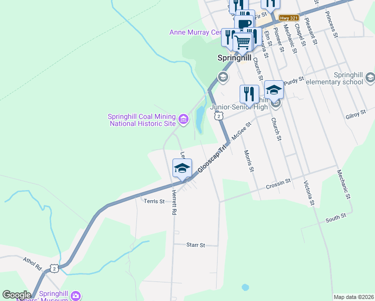 map of restaurants, bars, coffee shops, grocery stores, and more near 2 Leckie Street in Springhill