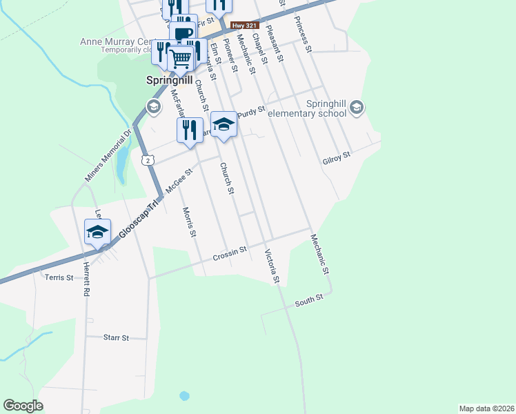 map of restaurants, bars, coffee shops, grocery stores, and more near 100 Victoria Street in Springhill