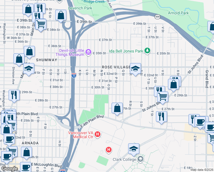 map of restaurants, bars, coffee shops, grocery stores, and more near 3012 East 31st Street in Vancouver