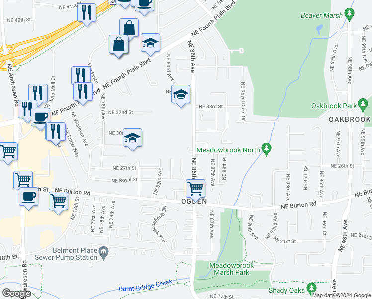 map of restaurants, bars, coffee shops, grocery stores, and more near 2904 Northeast 86th Avenue in Vancouver