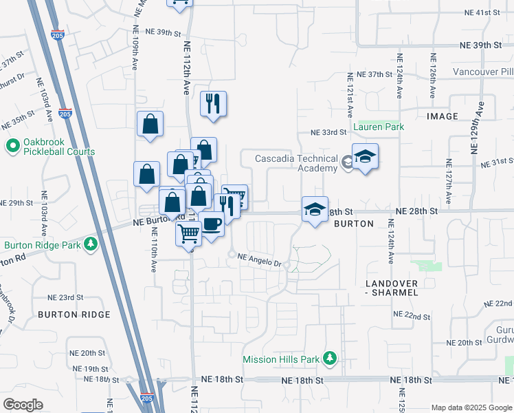 map of restaurants, bars, coffee shops, grocery stores, and more near 11418 Northeast 29th Circle in Vancouver