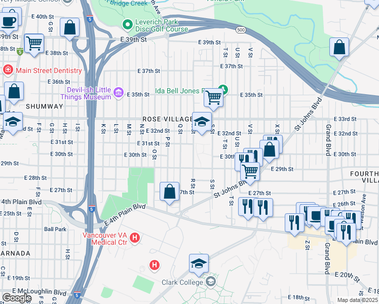map of restaurants, bars, coffee shops, grocery stores, and more near 3010 R Street in Vancouver