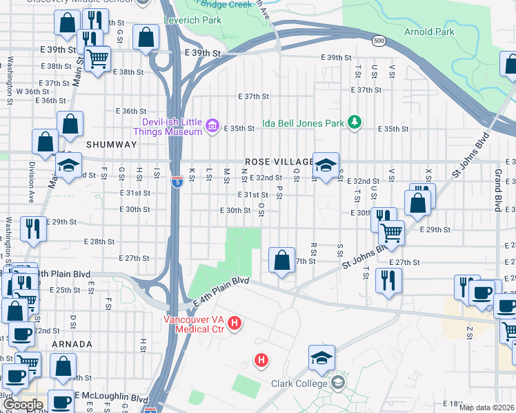 map of restaurants, bars, coffee shops, grocery stores, and more near 3012 East 31st Street in Vancouver