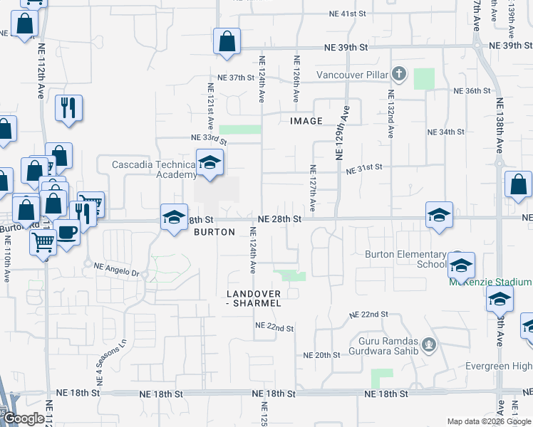 map of restaurants, bars, coffee shops, grocery stores, and more near 2815 Northeast 124th Avenue in Vancouver