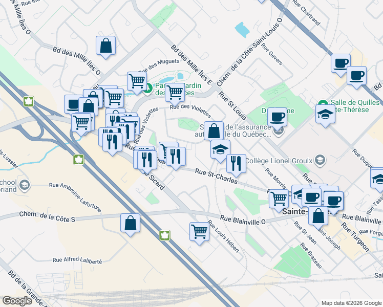 map of restaurants, bars, coffee shops, grocery stores, and more near 195 Rue des Myosotis in Sainte-Thã©Rã¨Se