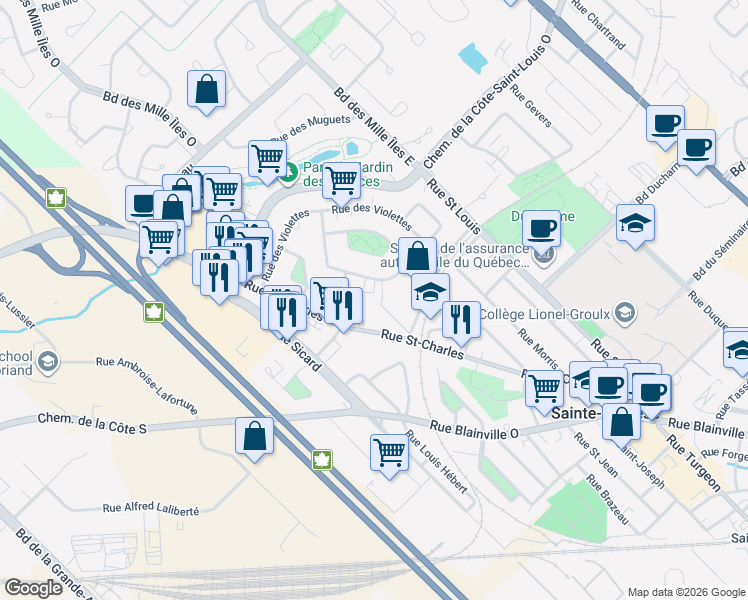 map of restaurants, bars, coffee shops, grocery stores, and more near 195 Rue des Myosotis in Sainte-Thã©Rã¨Se