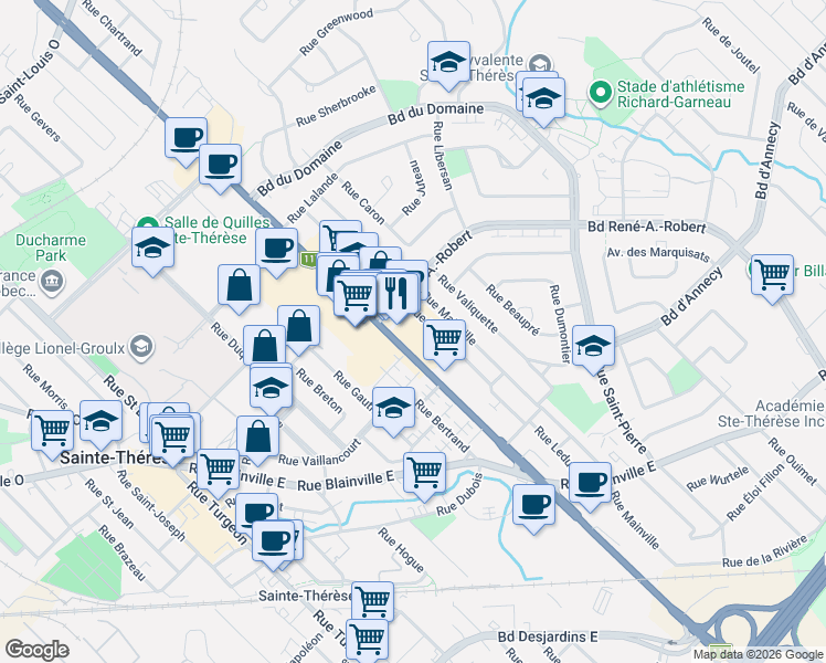 map of restaurants, bars, coffee shops, grocery stores, and more near 190 Boulevard Curé-Labelle in Sainte-Thérèse