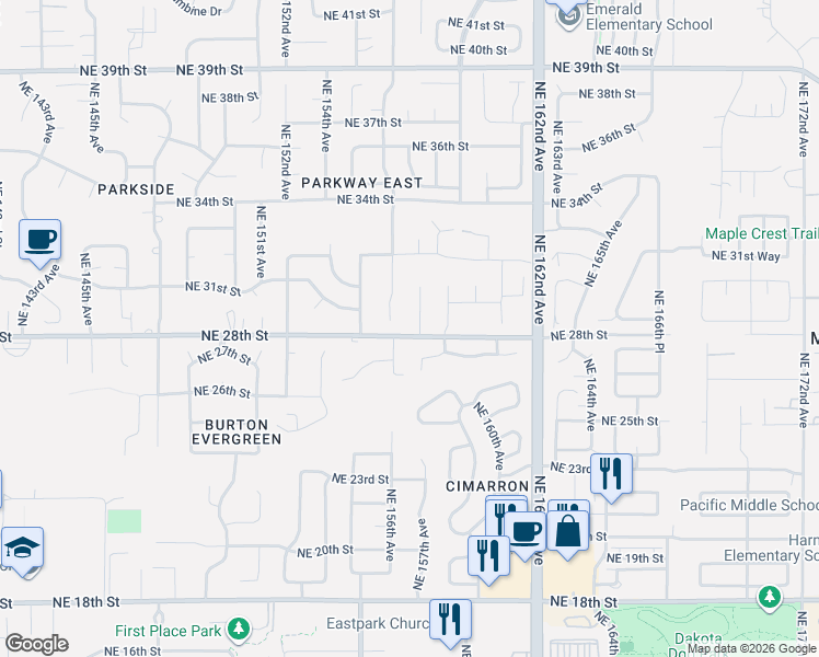 map of restaurants, bars, coffee shops, grocery stores, and more near 2806 Northeast Delancey Court in Vancouver