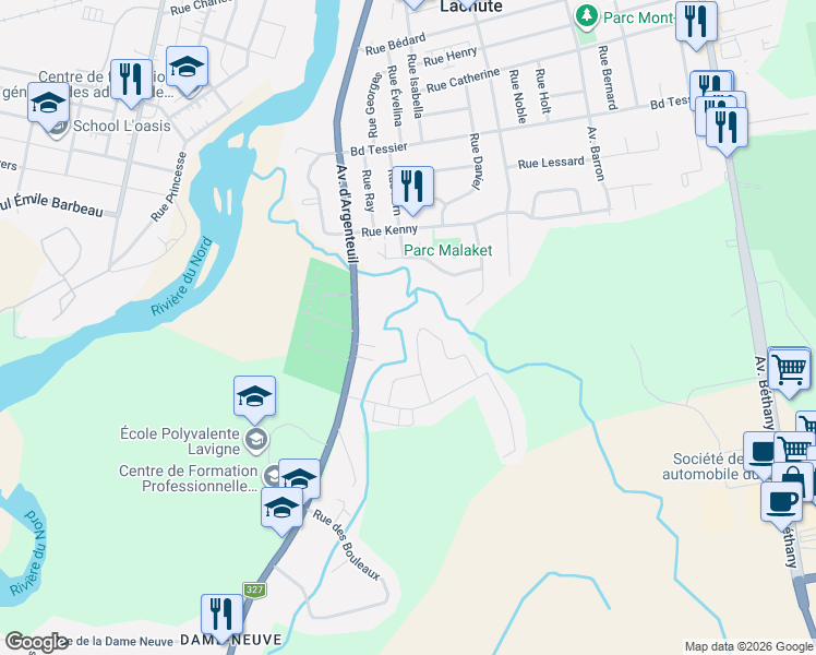 map of restaurants, bars, coffee shops, grocery stores, and more near 133 Rue des Épinettes in Lachute