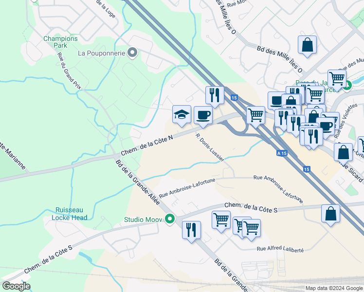 map of restaurants, bars, coffee shops, grocery stores, and more near Chemin de la Côte Nord in Boisbriand