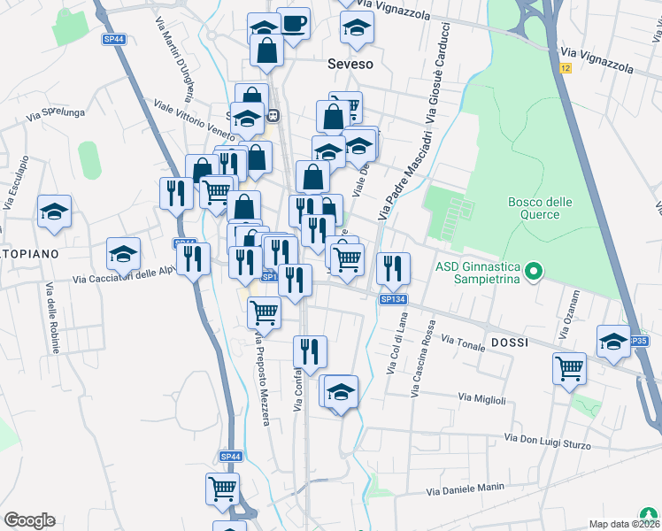map of restaurants, bars, coffee shops, grocery stores, and more near 11 Via Damiano Chiesa in Seveso