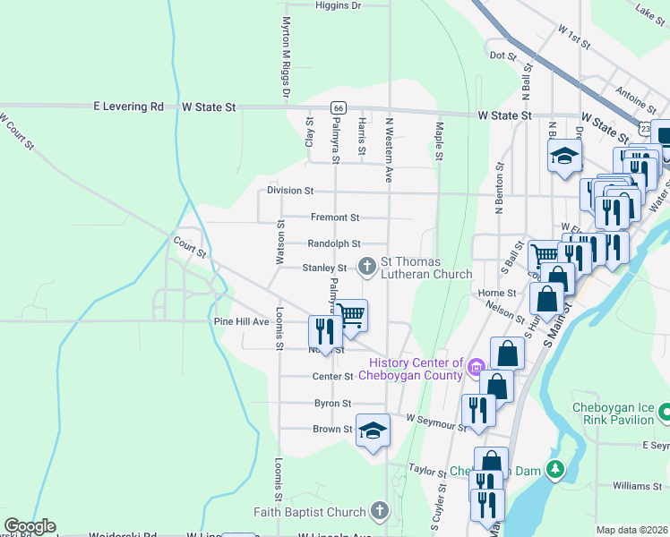 map of restaurants, bars, coffee shops, grocery stores, and more near 399 Palmyra Street in Cheboygan