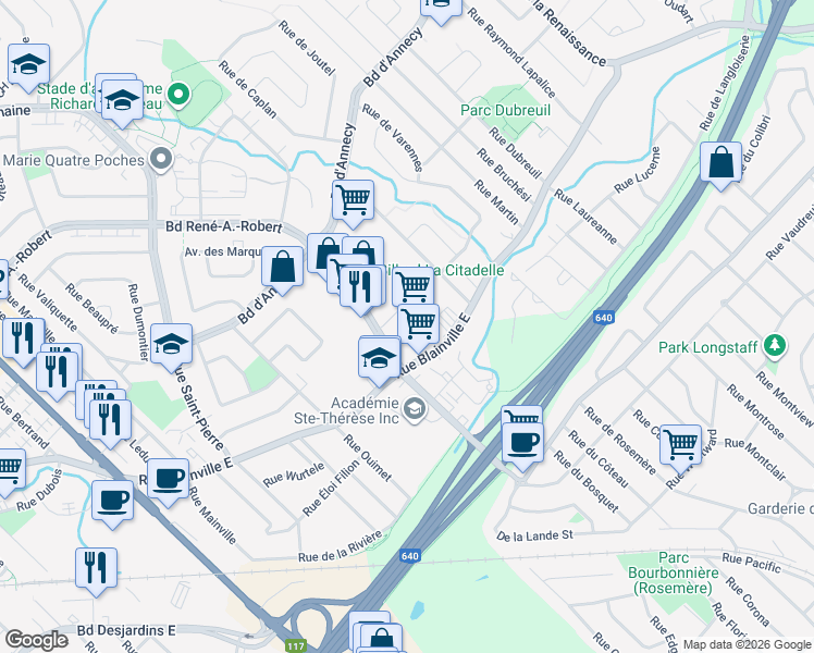 map of restaurants, bars, coffee shops, grocery stores, and more near in Sainte-Thérèse