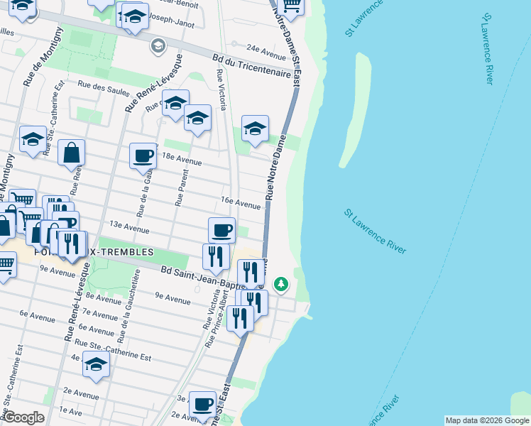 map of restaurants, bars, coffee shops, grocery stores, and more near 12285 Rue Notre Dame Est in Montréal