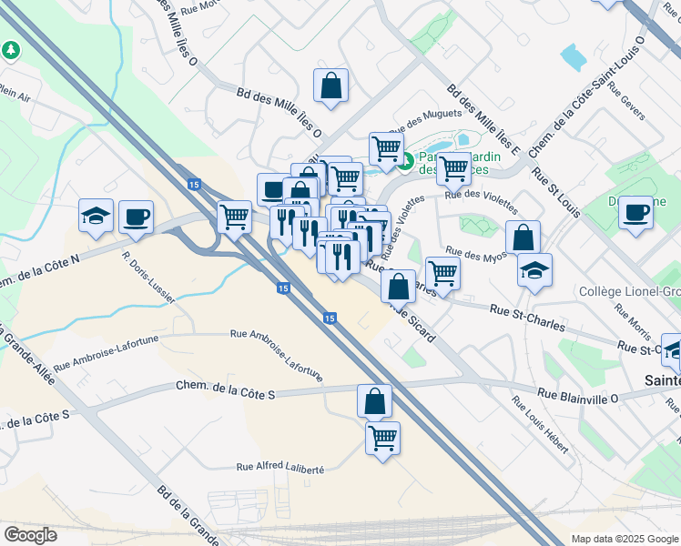 map of restaurants, bars, coffee shops, grocery stores, and more near 232 Rue Saint-Charles in Sainte-Thérèse