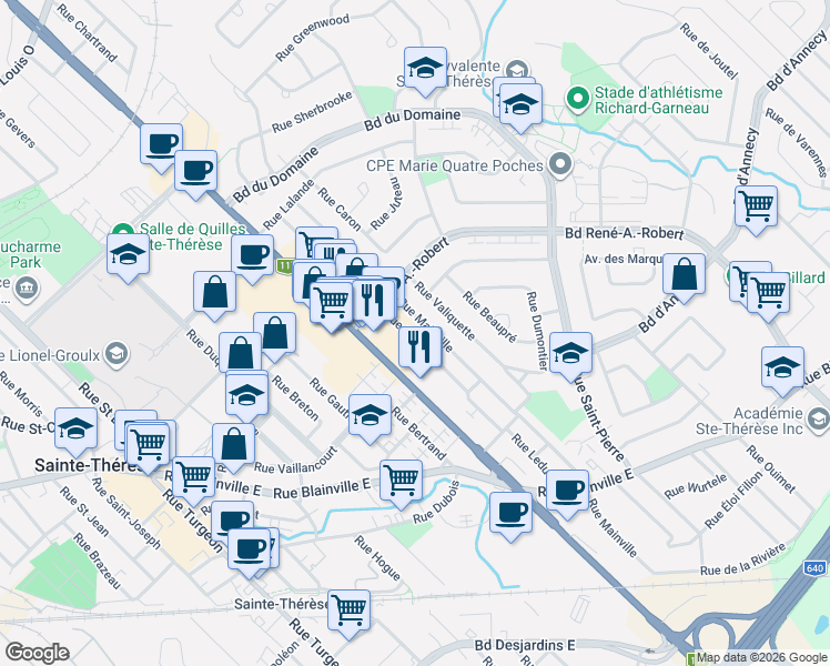 map of restaurants, bars, coffee shops, grocery stores, and more near 148 Rue Leduc in Sainte-Thérèse