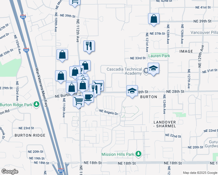 map of restaurants, bars, coffee shops, grocery stores, and more near 2903 Northeast 116th Avenue in Vancouver