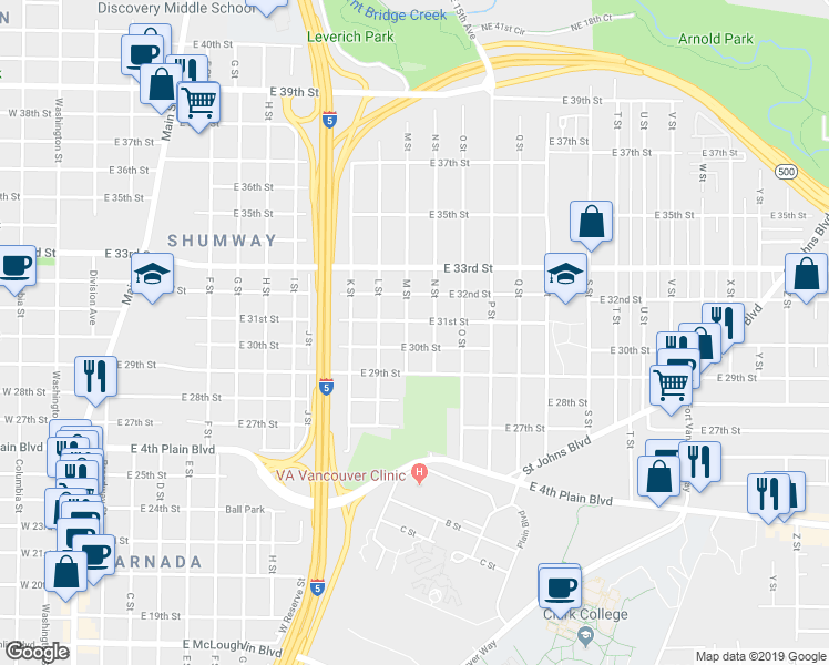 map of restaurants, bars, coffee shops, grocery stores, and more near 3014 N Street in Vancouver