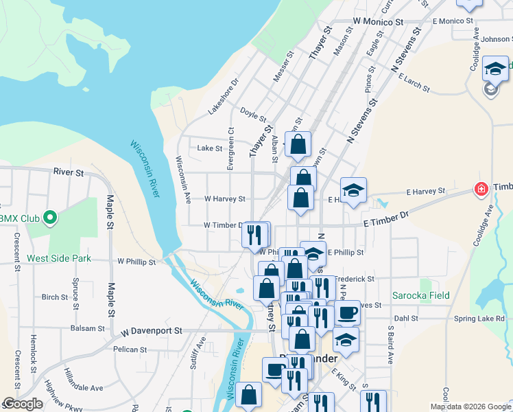 map of restaurants, bars, coffee shops, grocery stores, and more near 436 Thayer Street in Rhinelander