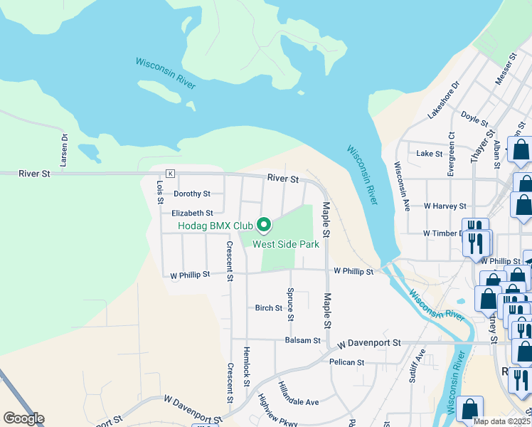 map of restaurants, bars, coffee shops, grocery stores, and more near 427 Vaughn Street in Rhinelander