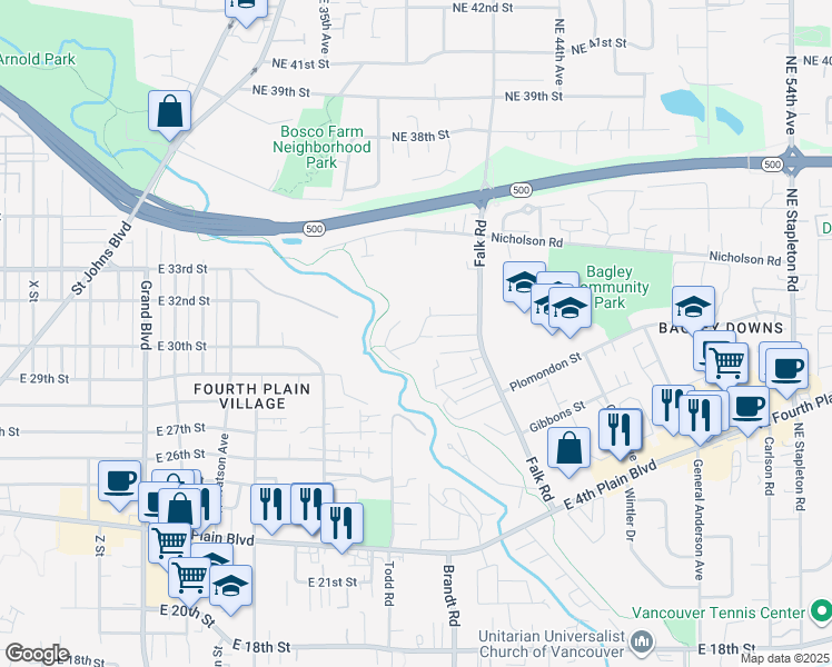 map of restaurants, bars, coffee shops, grocery stores, and more near 3100 Falk Road in Vancouver