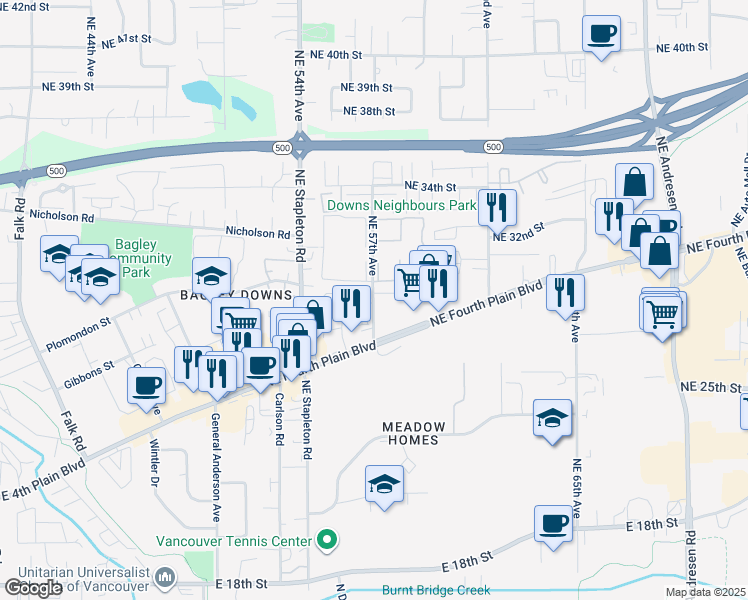 map of restaurants, bars, coffee shops, grocery stores, and more near 3021 Northeast 57th Avenue in Vancouver