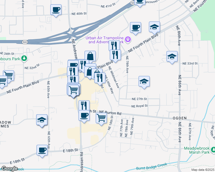 map of restaurants, bars, coffee shops, grocery stores, and more near 2914 Northeast Littler Way in Vancouver