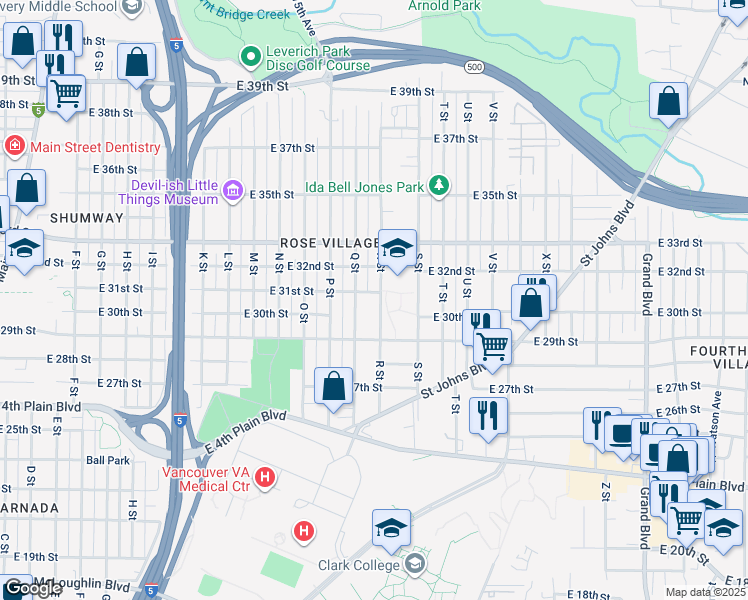 map of restaurants, bars, coffee shops, grocery stores, and more near 3010 R Street in Vancouver