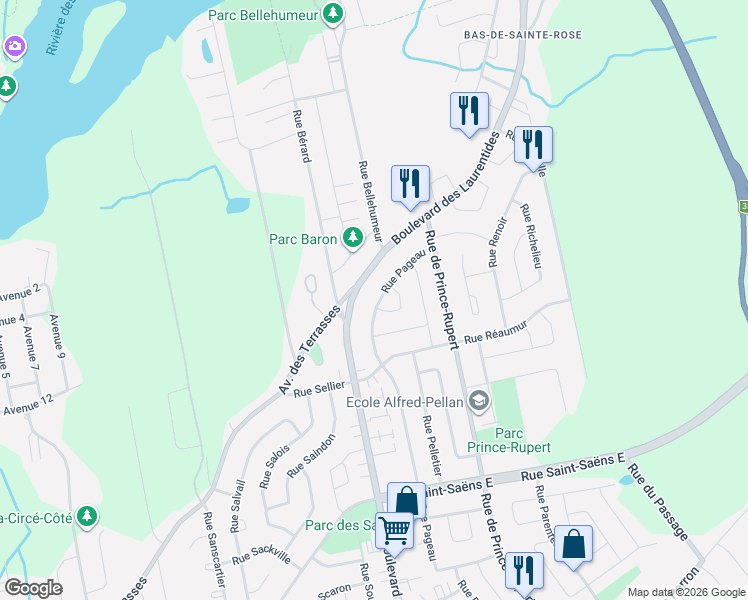 map of restaurants, bars, coffee shops, grocery stores, and more near 6466 Rue Pageau in Laval