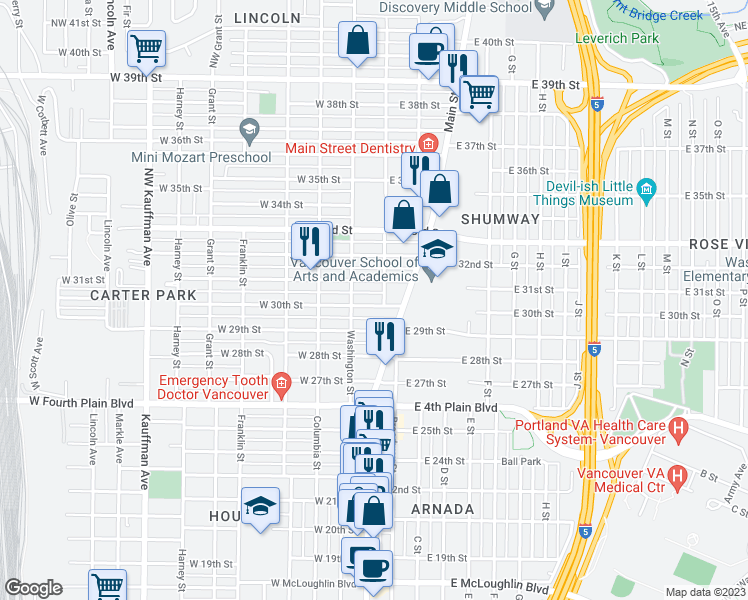 map of restaurants, bars, coffee shops, grocery stores, and more near 104 West 30th Street in Vancouver