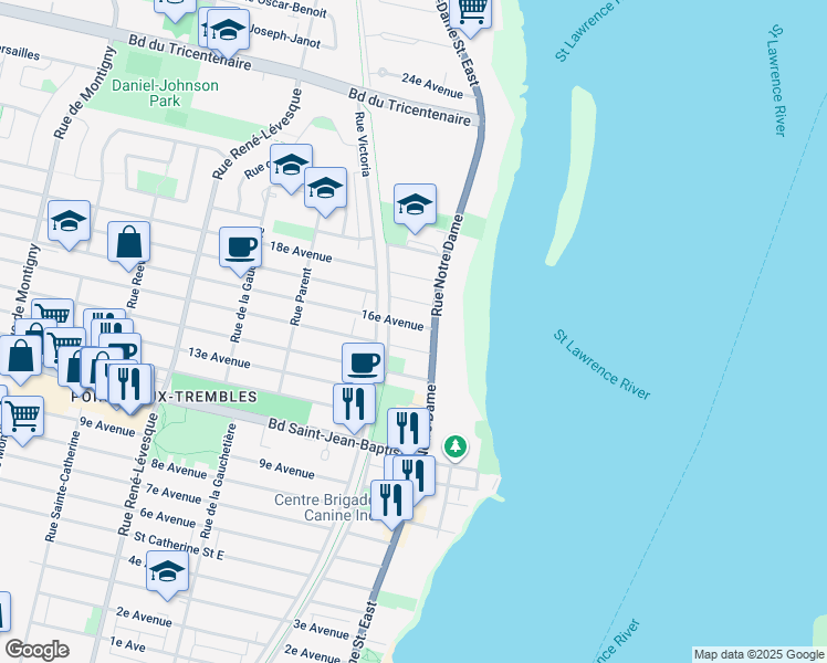 map of restaurants, bars, coffee shops, grocery stores, and more near 522 16e Avenue in Montréal