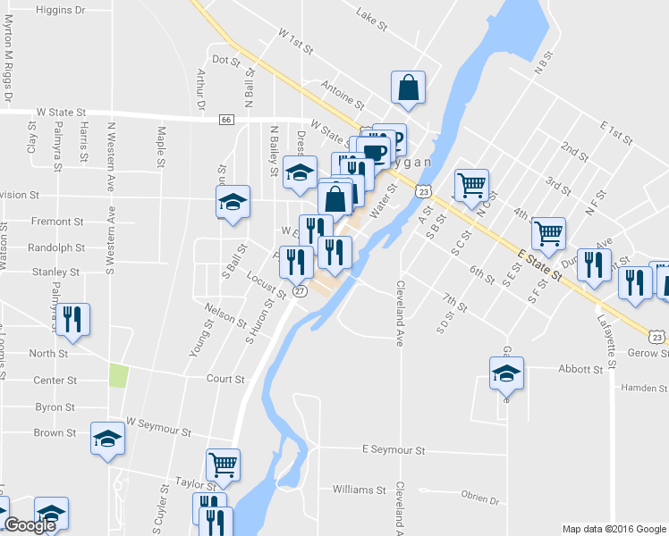 map of restaurants, bars, coffee shops, grocery stores, and more near 124 N Main St in Cheboygan