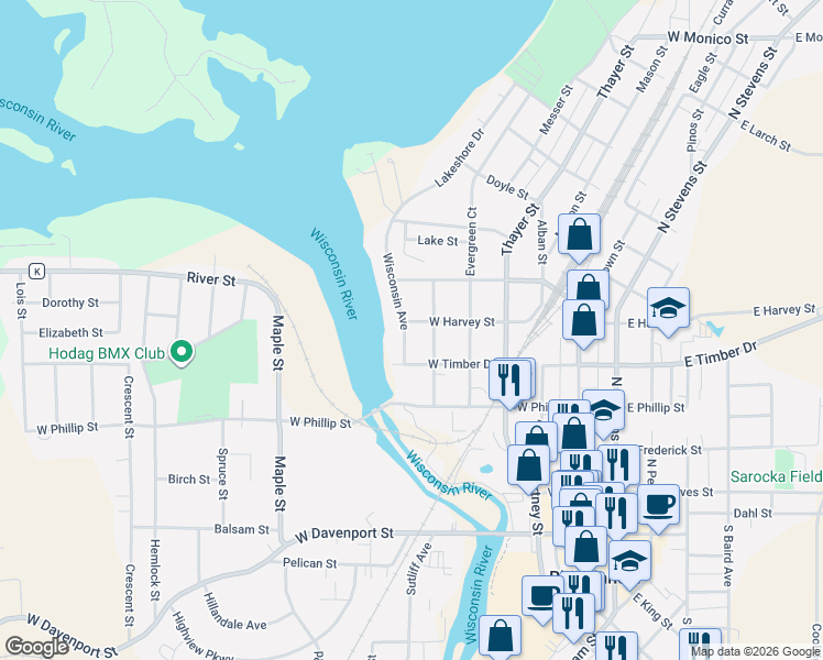 map of restaurants, bars, coffee shops, grocery stores, and more near 432 Wisconsin Avenue in Rhinelander